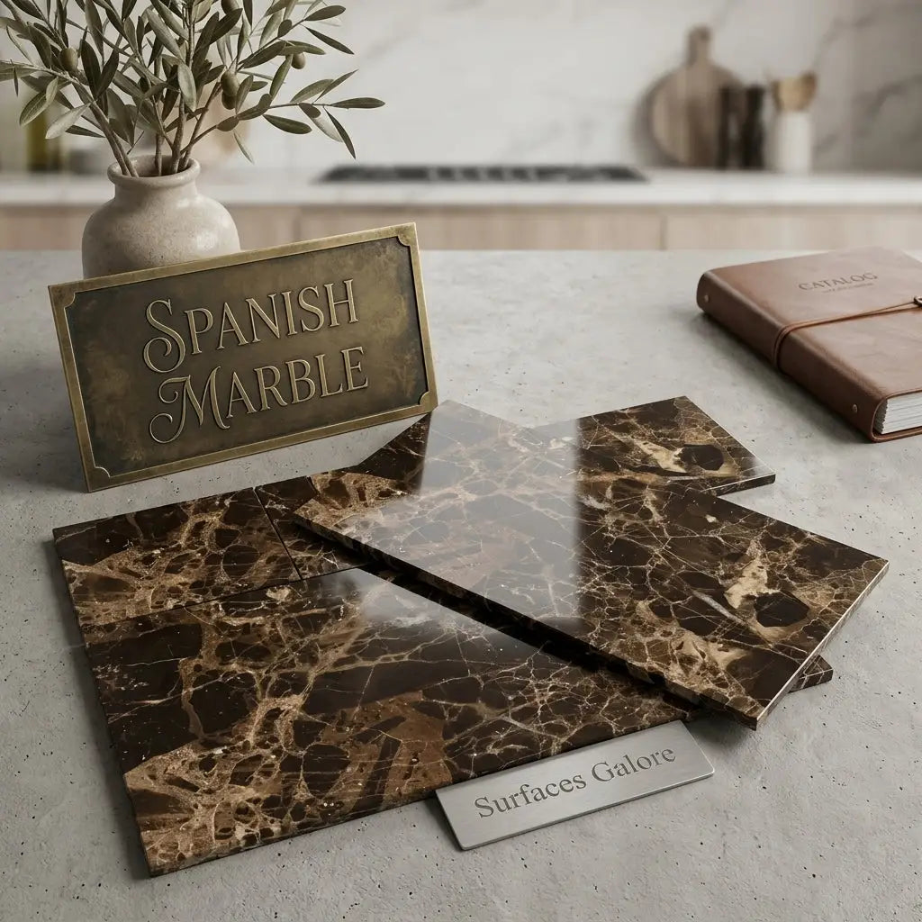 Dark brown Spanish marble slabs with intricate golden veining in a polished finish Emperador Dark Marble 3x6 polished