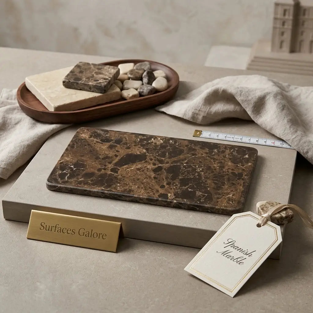 A rectangular spanish marble cutting board with rich brown and black veined emperador dark marble 3x6 tumbled design
