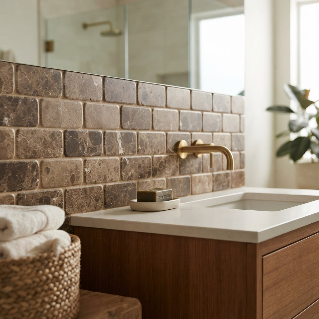 A sleek white rectangular basin with a brass faucet on a warm wood vanity and emperador dark marble 3x6 tumbled backsplash