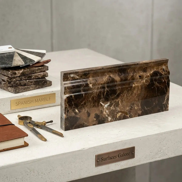 Emperador dark marble polished baseboard trim liner in brown spanish marble with golden veining and glossy finish