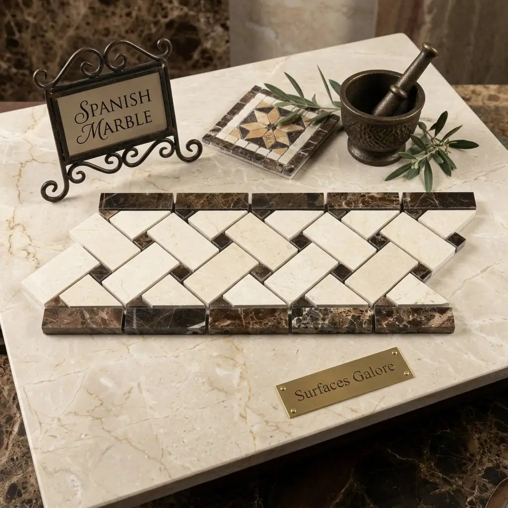 A herringbone-patterned mosaic tile panel of cream and dark brown spanish marble in emperador dark marble 4 3/4x12 basketweave border with crema marfil dots polished