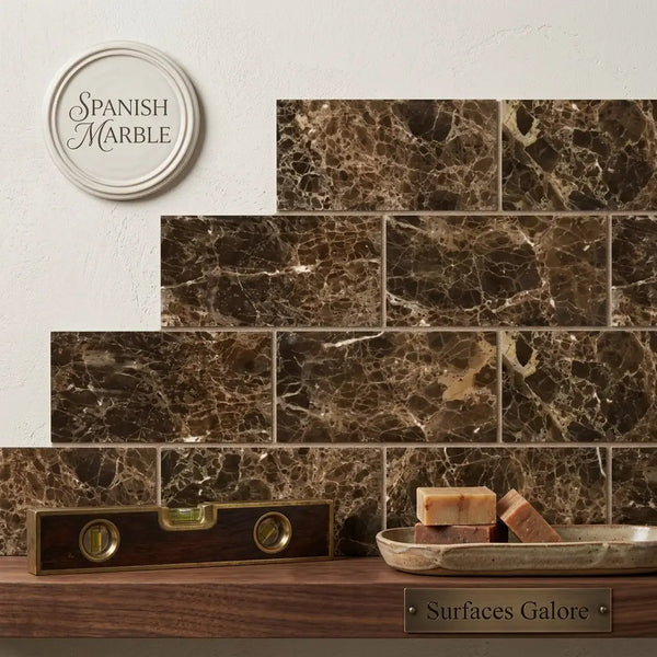 Brown Spanish marble tiles emperador dark marble 4x12 polished with intricate veining and a polished finish