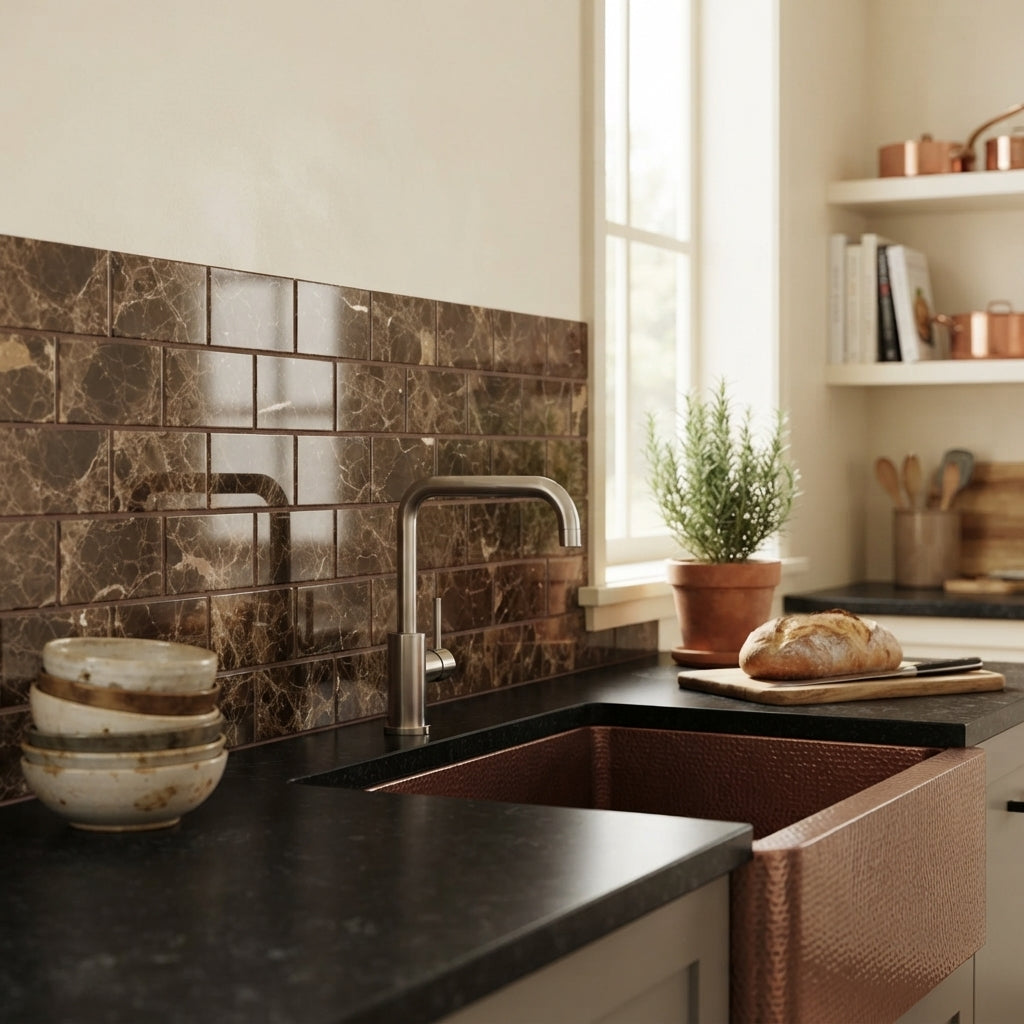 Copper farmhouse sink with hammered finish and integrated faucet paired with polished Emperador dark marble 4x12 tiles
