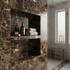 Emperador dark marble 4x4 polished tiles with dark brown color and golden veining form a built-in shower shelf