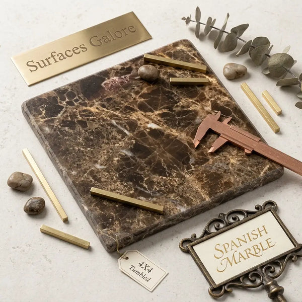 Emperador dark marble slab featuring brown and gold veins with a 4x4 tumbled finish for elegant surfaces