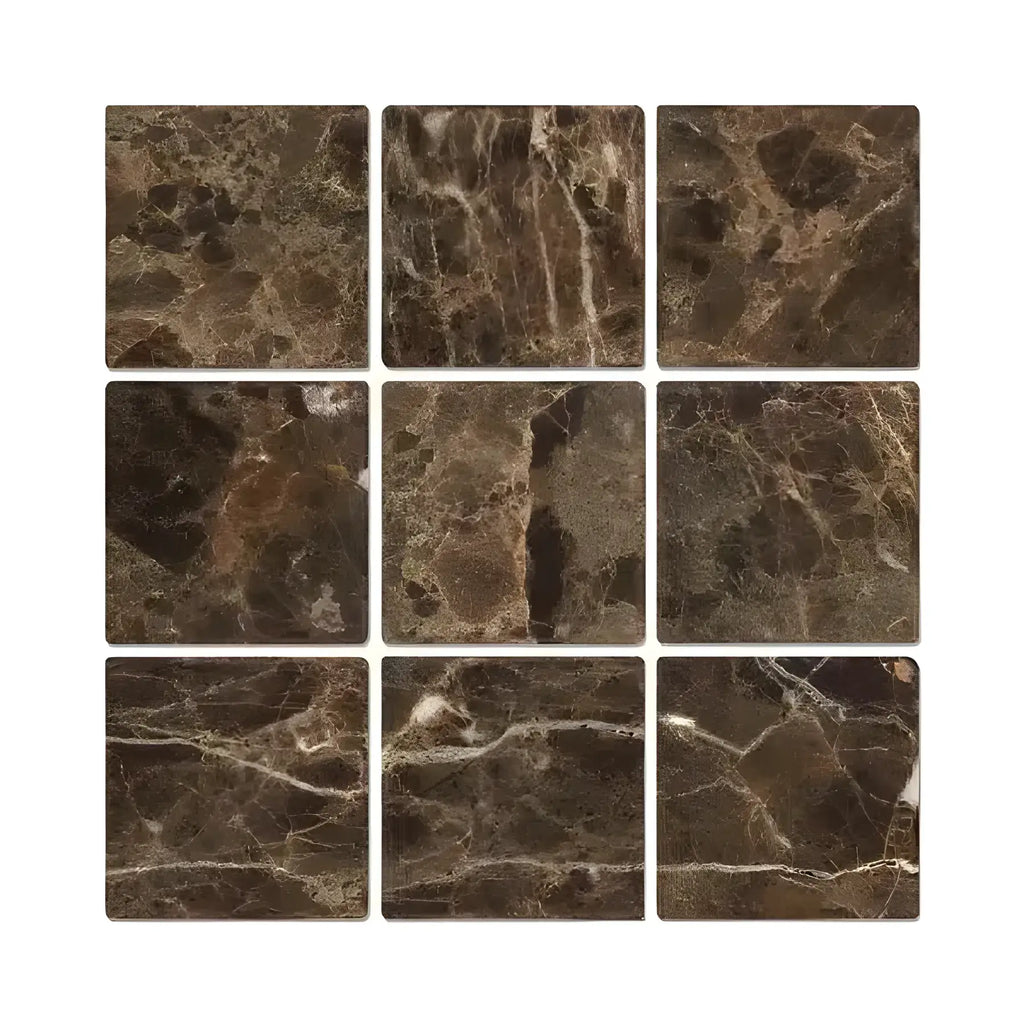 Nine brown marble tiles of Emperador Dark Marble 4X4 Tumbled product display