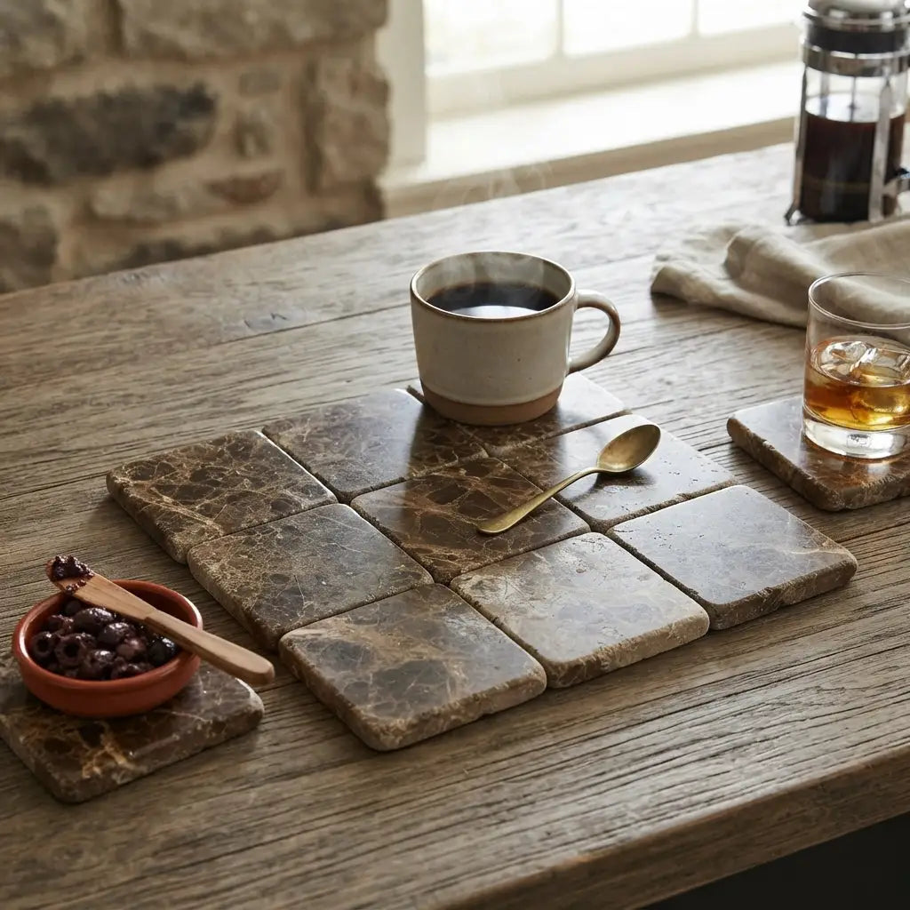 Set of nine square Emperador Dark marble 4x4 tumbled coasters with warm brown and beige veined pattern on wooden table
