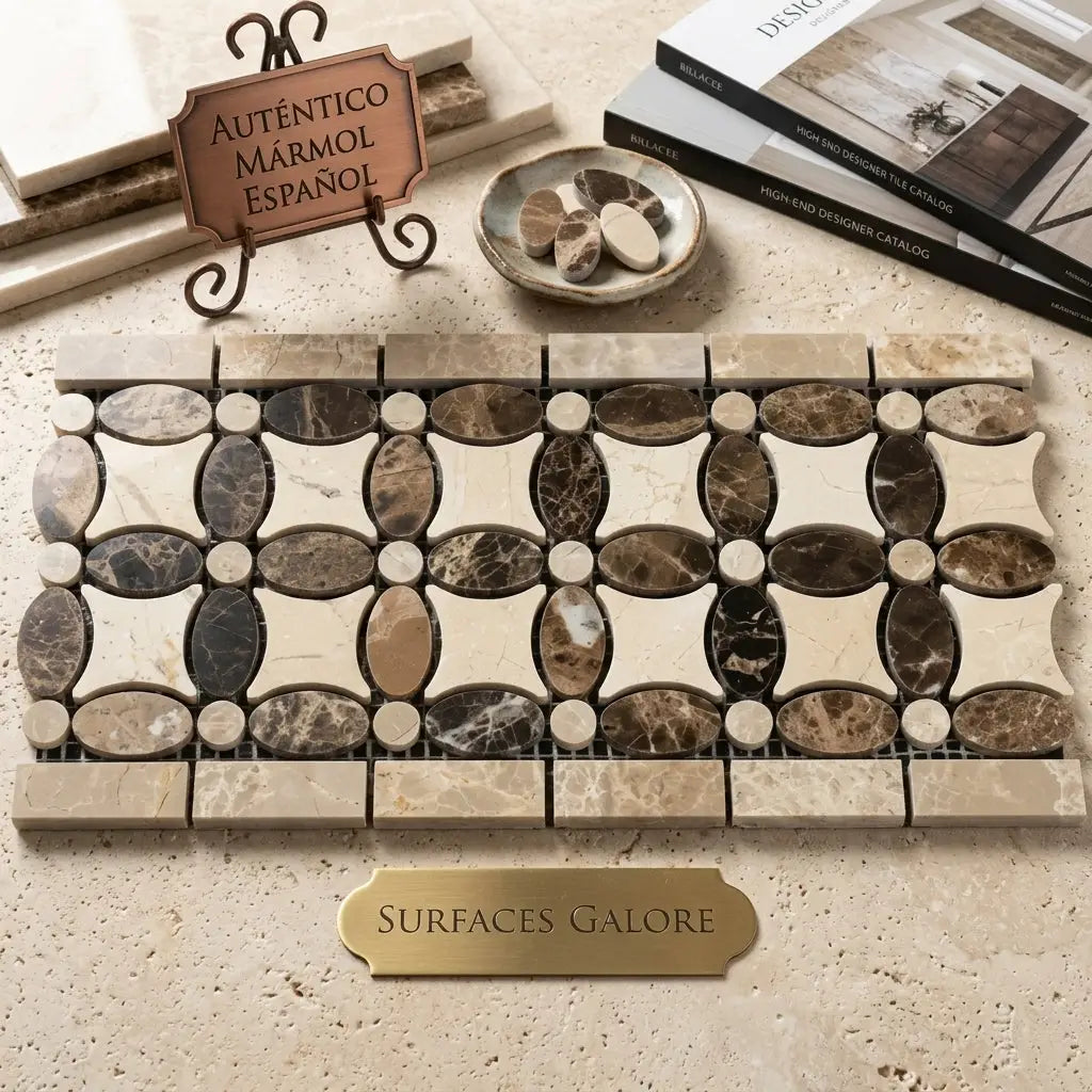 Beige and brown veined Spanish marble mosaic tile with oval and circular patterns Emperador Dark Marble polished border