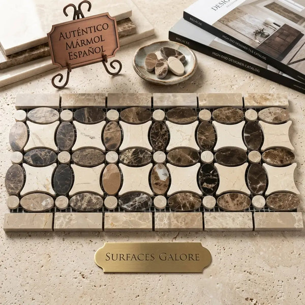 Beige and brown veined Spanish marble mosaic tile with oval and circular patterns Emperador Dark Marble polished border