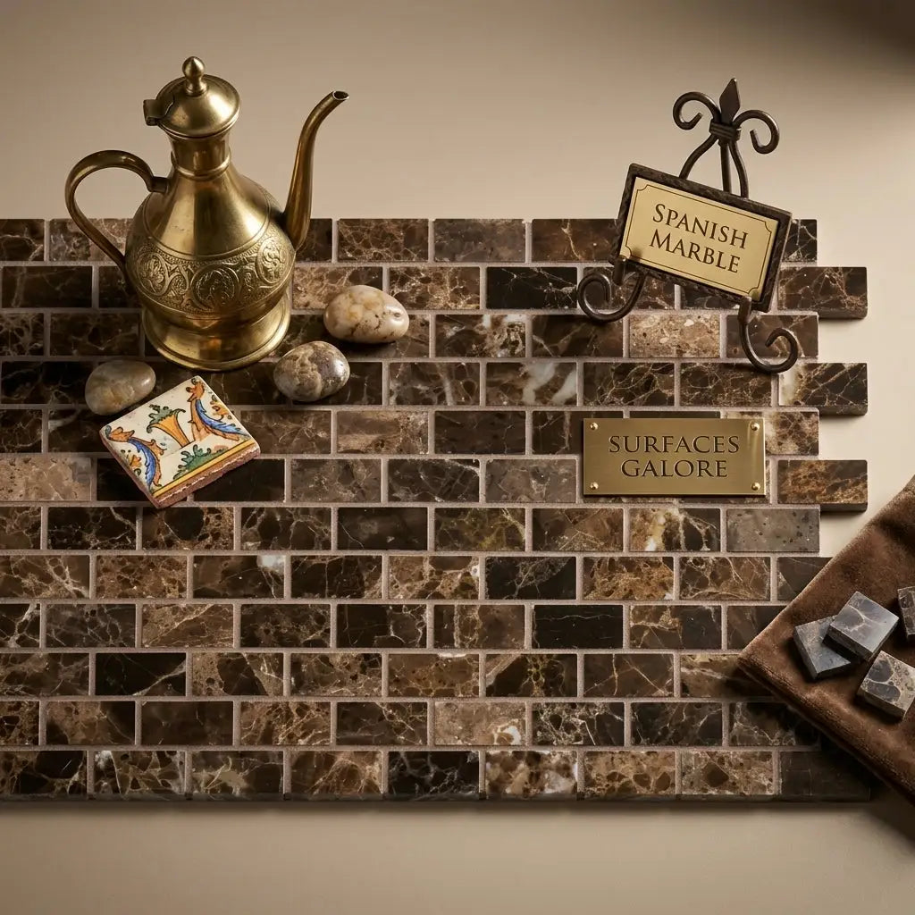 Emperador dark marble 5/8x1 1/4 mini-brick mosaic polished tile with rich brown and black veining in spanish marble