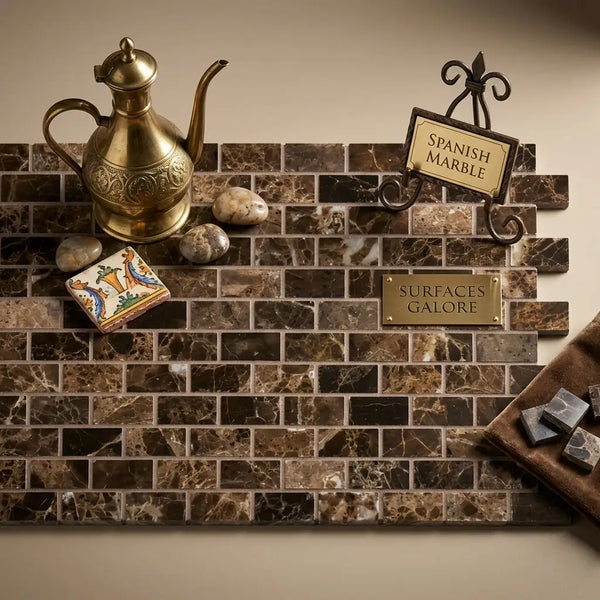 Emperador dark marble 5/8x1 1/4 mini-brick mosaic polished tile with rich brown and black veining in spanish marble