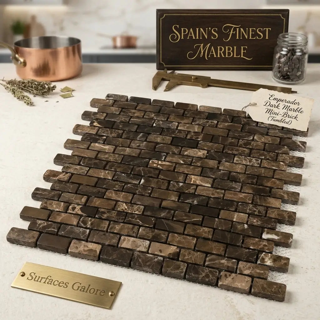Emperador dark marble 5/8x1 1/4 mini-brick mosaic tumbled tile with dark brown color and natural veining