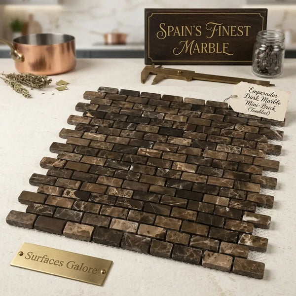 Emperador dark marble 5/8x1 1/4 mini-brick mosaic tumbled tile with dark brown color and natural veining