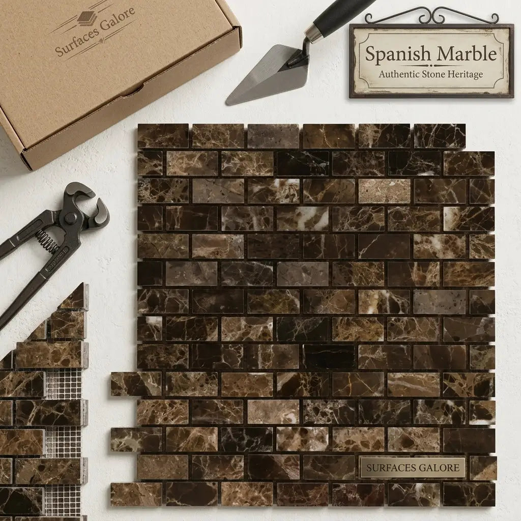 Dark brown spanish marble mosaic tile with lighter brown and cream swirling veining in a polished mini-herringbone pattern