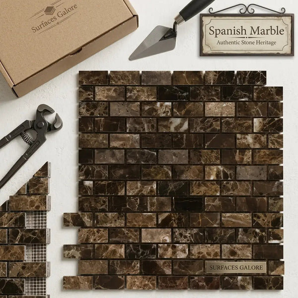 Dark brown spanish marble mosaic tile with lighter brown and cream swirling veining in a polished mini-herringbone pattern