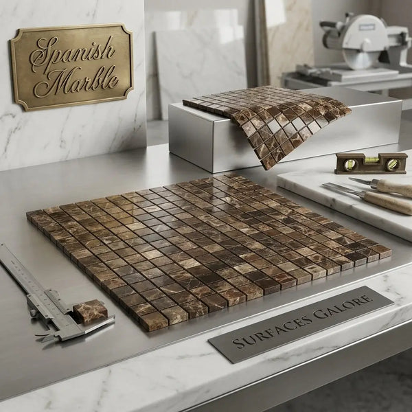 Emperador dark marble 5/8x5/8 mosaic polished brown mosaic marble tiles with veined polished surface arranged in grid pattern