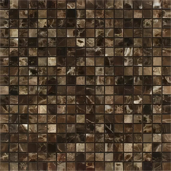Brown mosaic tile pattern of Emperador Dark Marble 5/8X5/8 Mosaic Polished