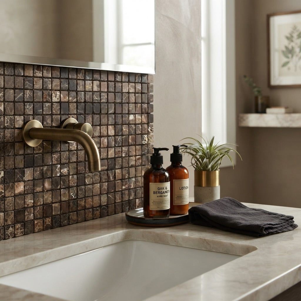 Brass-finished wall-mounted faucet with curved spout and rounded handles against emperador dark marble mosaic backsplash
