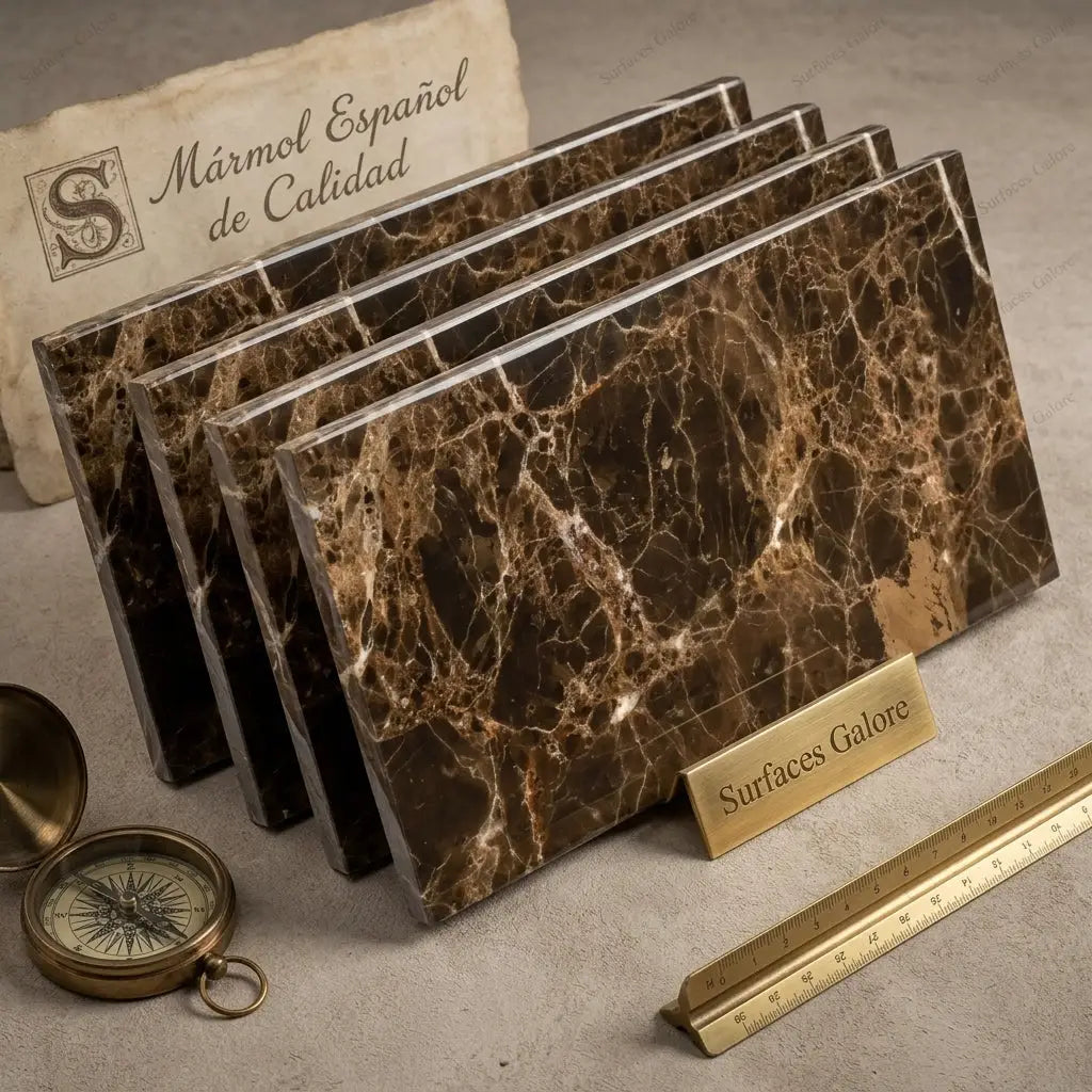 Emperador dark marble 6x12 polished dark brown slabs with golden veining displayed in a stacked arrangement