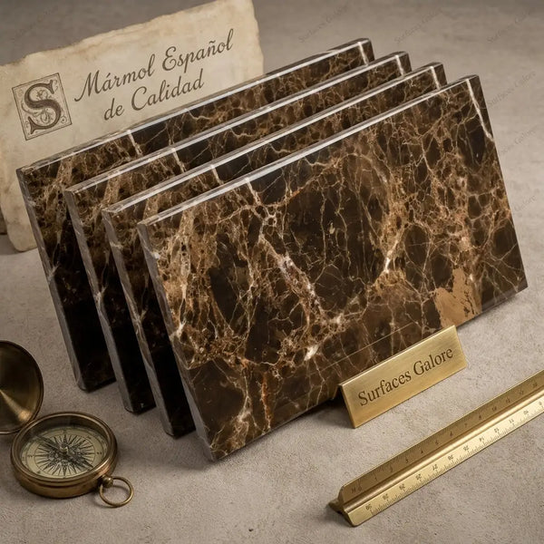 Emperador dark marble 6x12 polished dark brown slabs with golden veining displayed in a stacked arrangement