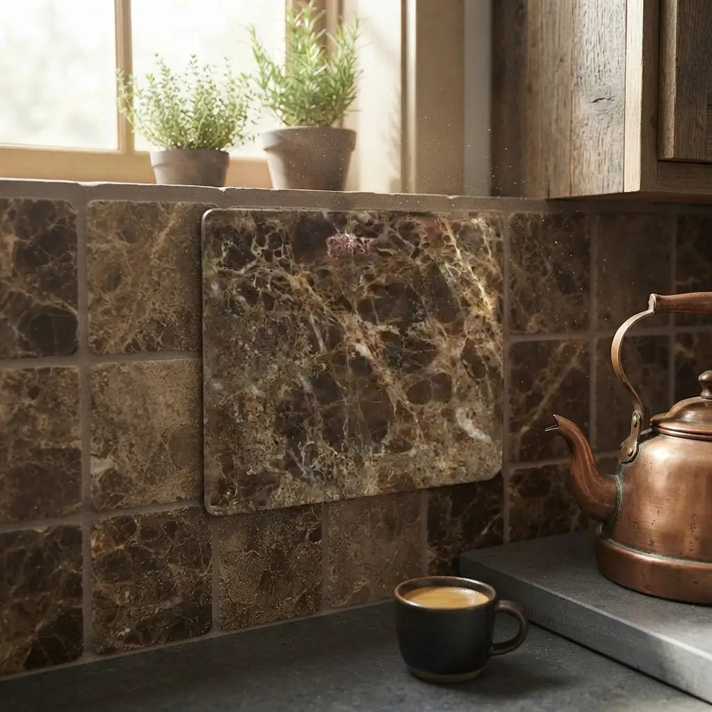 Brown emperador dark marble cutting board with swirling veining and slightly raised edge in 6x6 tumbled finish