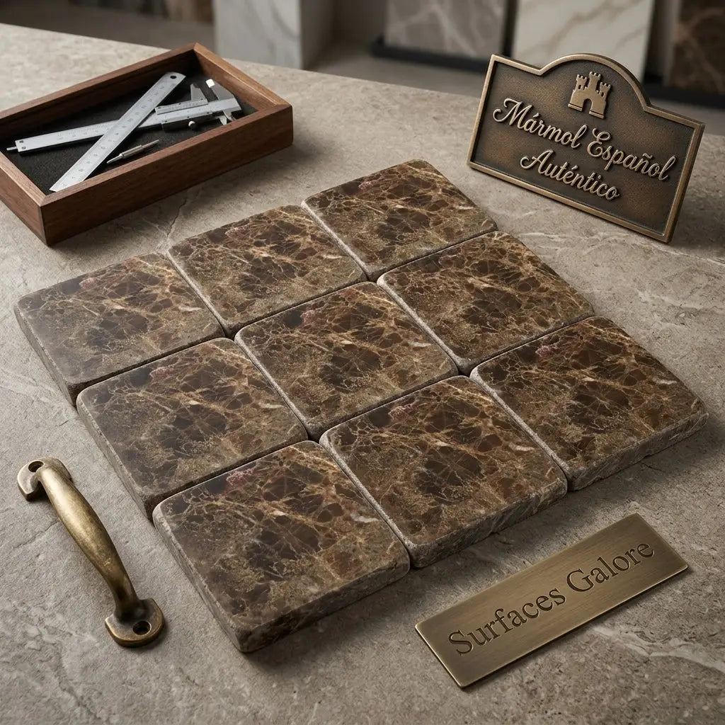 Emperador dark marble 6x6 tumbled tiles in brown with swirling golden veining arranged in a nine tile grid