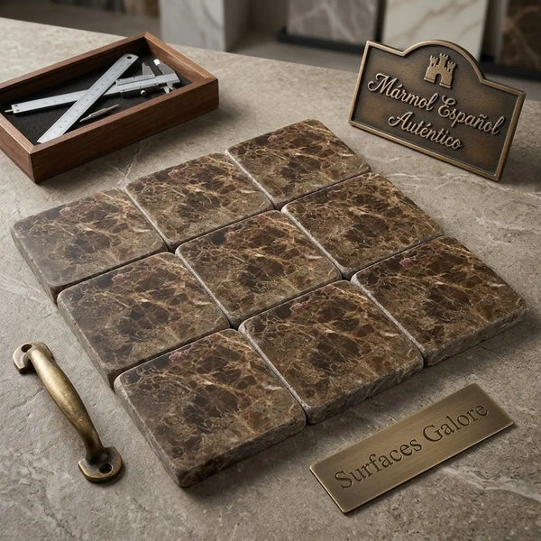 Emperador dark marble 6x6 tumbled tiles in brown with swirling golden veining arranged in a nine tile grid