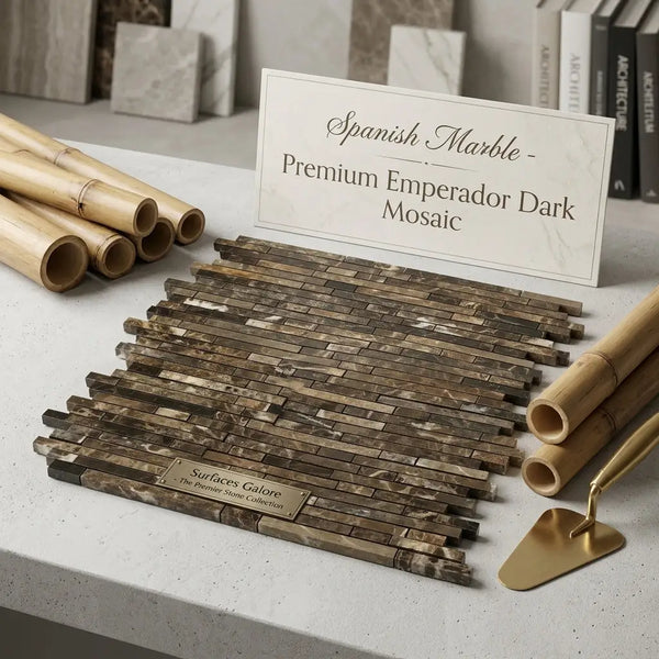 Emperador dark marble bamboo sticks mosaic tile featuring dark brown polished spanish marble with veined pattern in brick layout