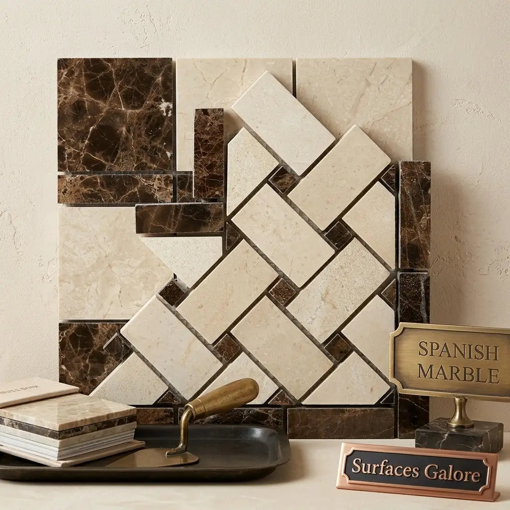A polished emperador dark marble basketweave border corner with crema marfil dots in a cream and dark brown herringbone mosaic pattern