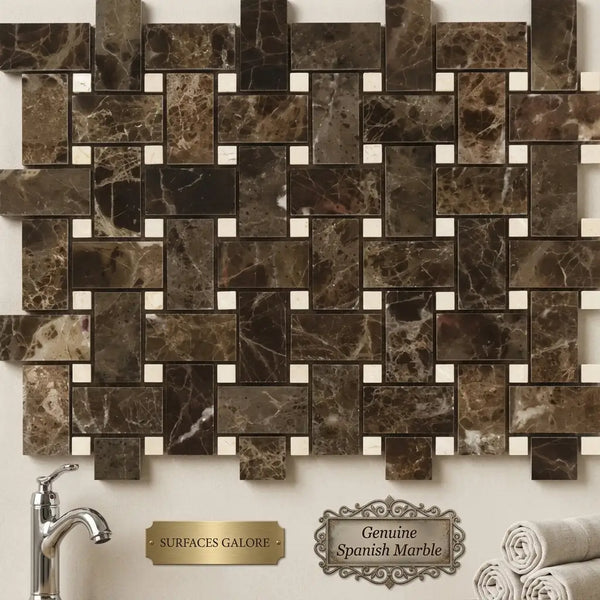 Emperador dark marble basketweave mosaic tile in dark brown spanish marble with crema marfil white square dots polished