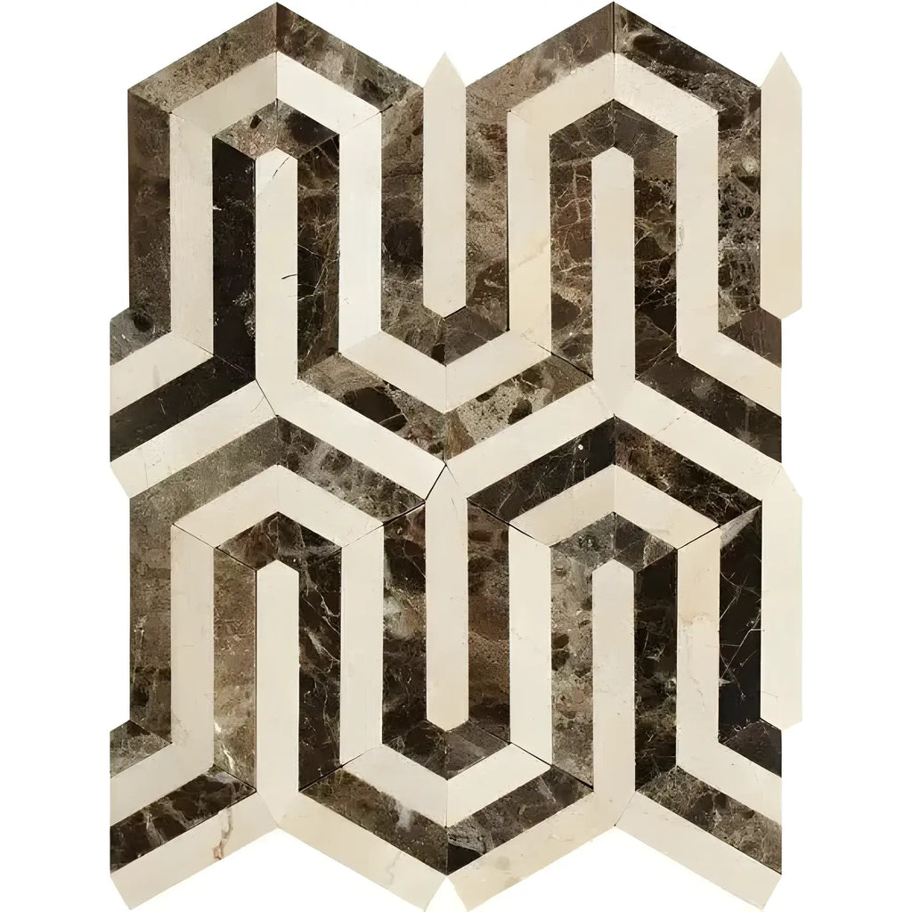 Geometric marble mosaic tile in Emperador Dark and Crema Marfil polished design