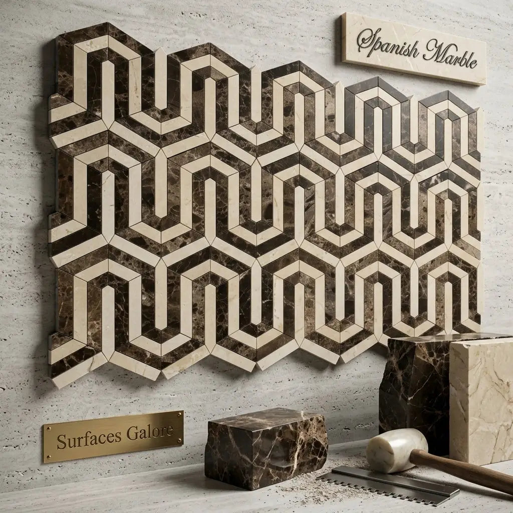 Spanish marble mosaic tile emperador dark marble berlinetta design with geometric hexagonal pattern in dark brown and creamy beige tones