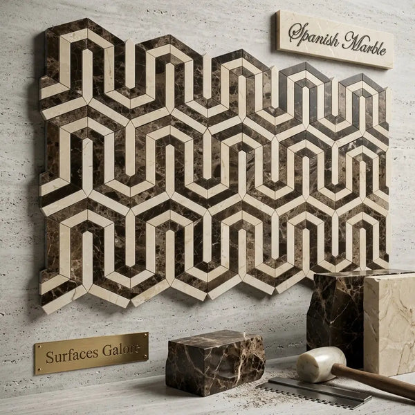 Spanish marble mosaic tile emperador dark marble berlinetta design with geometric hexagonal pattern in dark brown and creamy beige tones