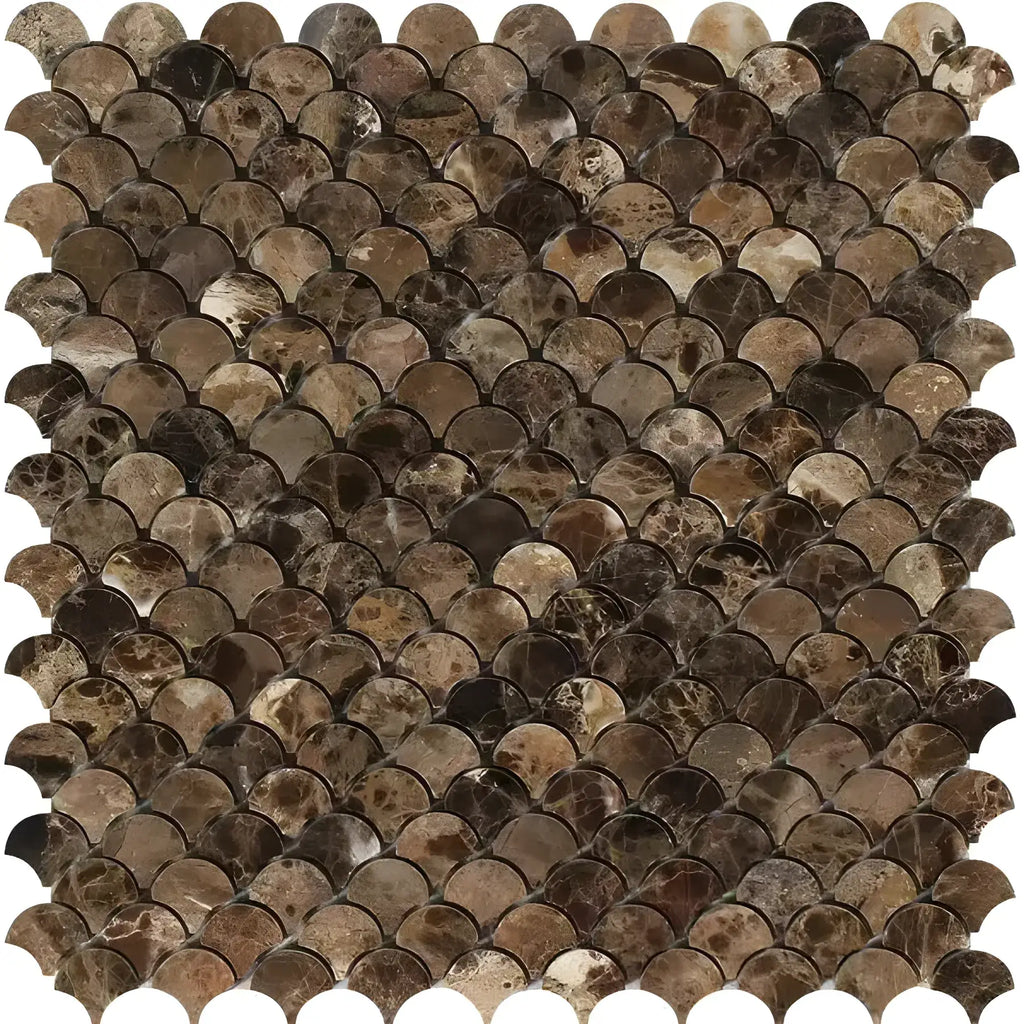 Brown marble scallop mosaic tile from Emperador Dark Marble FAN Raindrop collection