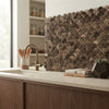 Brown scalloped glass mosaic tile backsplash featuring emperador dark marble fan raindrop polished design
