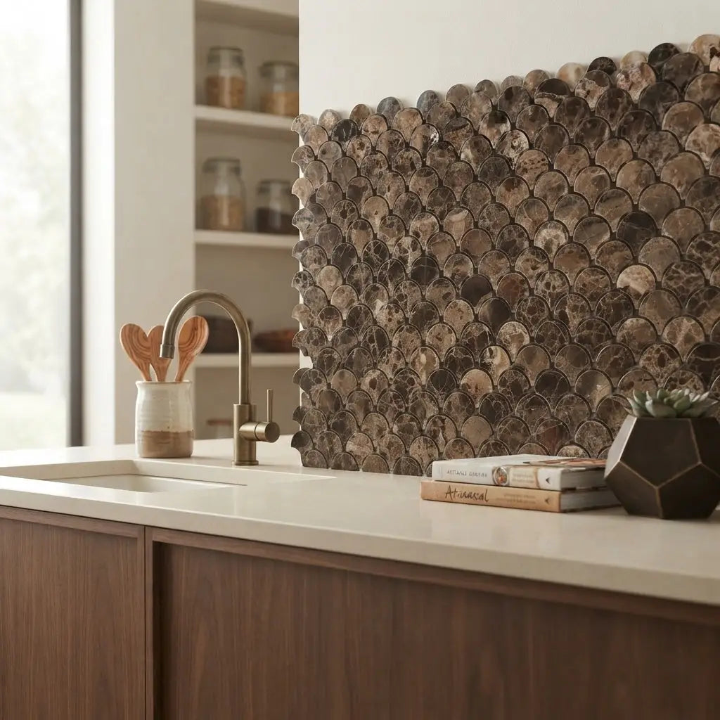 Brown scalloped glass mosaic tile backsplash featuring emperador dark marble fan raindrop polished design