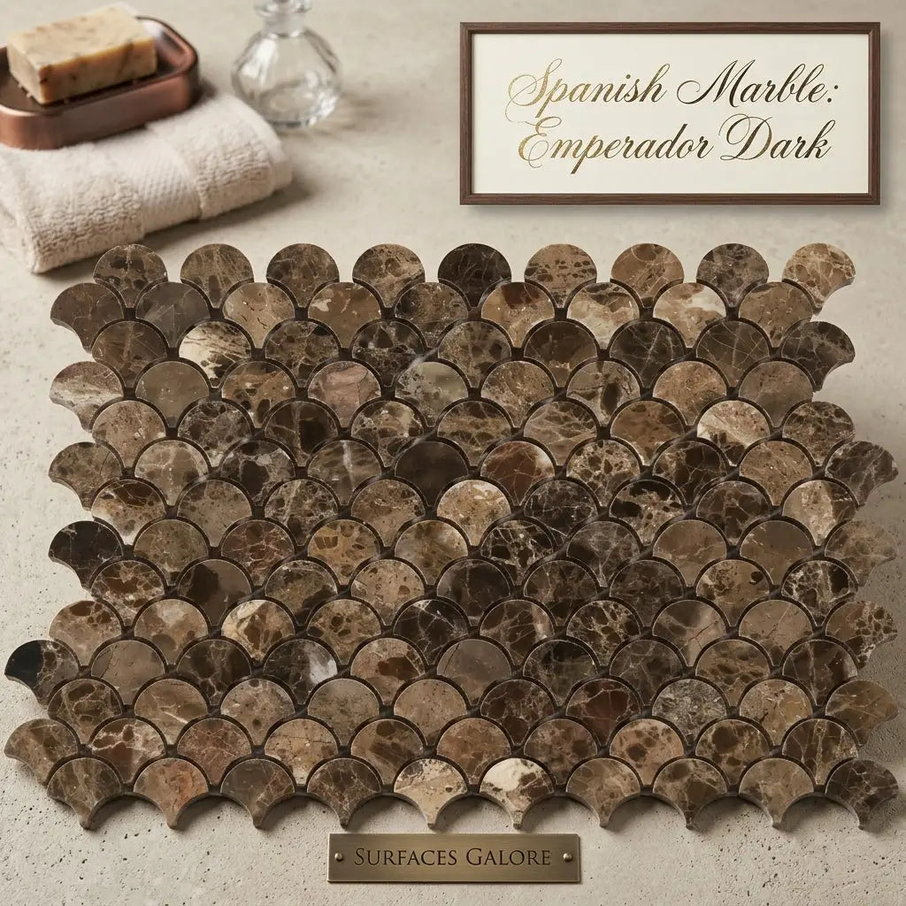 Emperador dark marble fan raindrop mosaic polished tile in dark brown and beige with natural veining