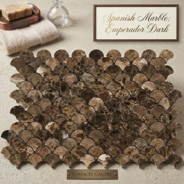 Emperador dark marble fan raindrop mosaic polished tile in dark brown and beige with natural veining