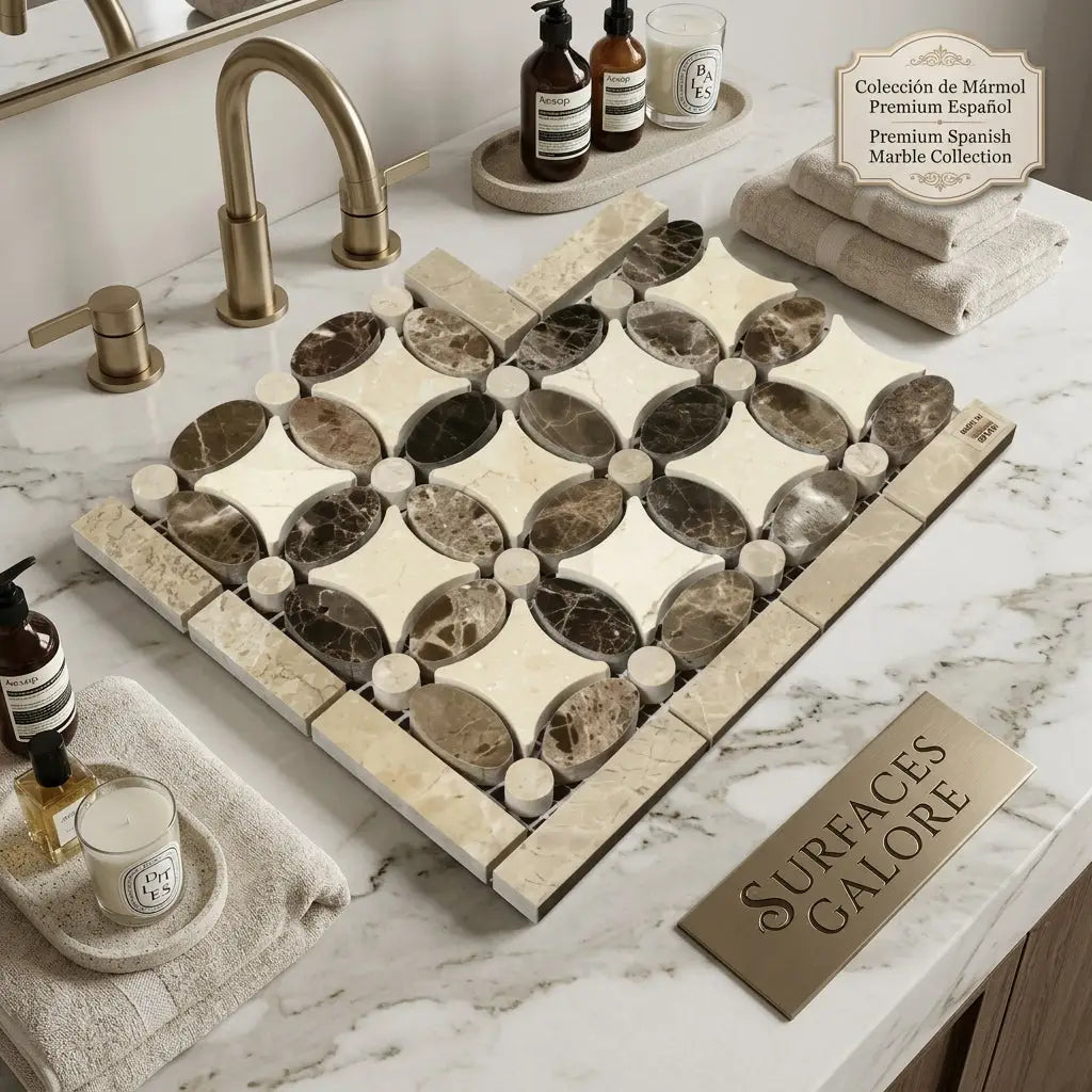 A polished emperador dark marble mosaic sink with cream and dark brown veined tiles in a geometric pattern