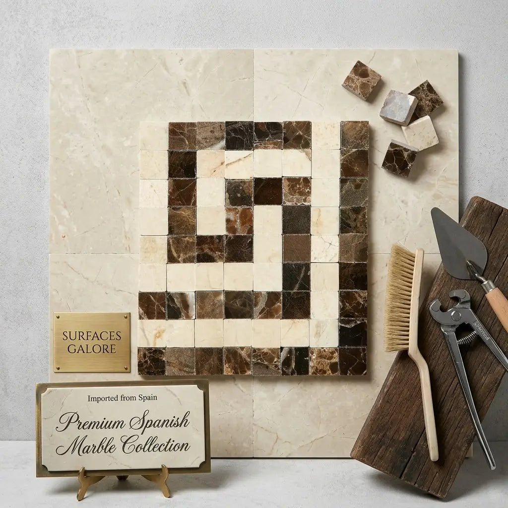Emperador dark marble greek key corner border panel with cream and dark brown marble geometric mosaic pattern polished