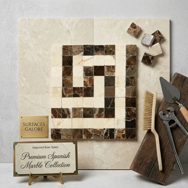 Emperador dark marble greek key corner border panel with cream and dark brown marble geometric mosaic pattern polished