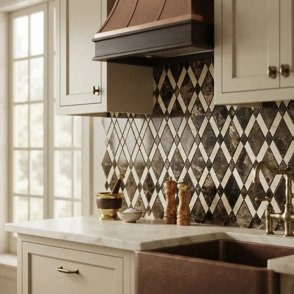 Dark brown copper range hood with black accents and curved fluted design in emperador dark marble lattice mosaic polished