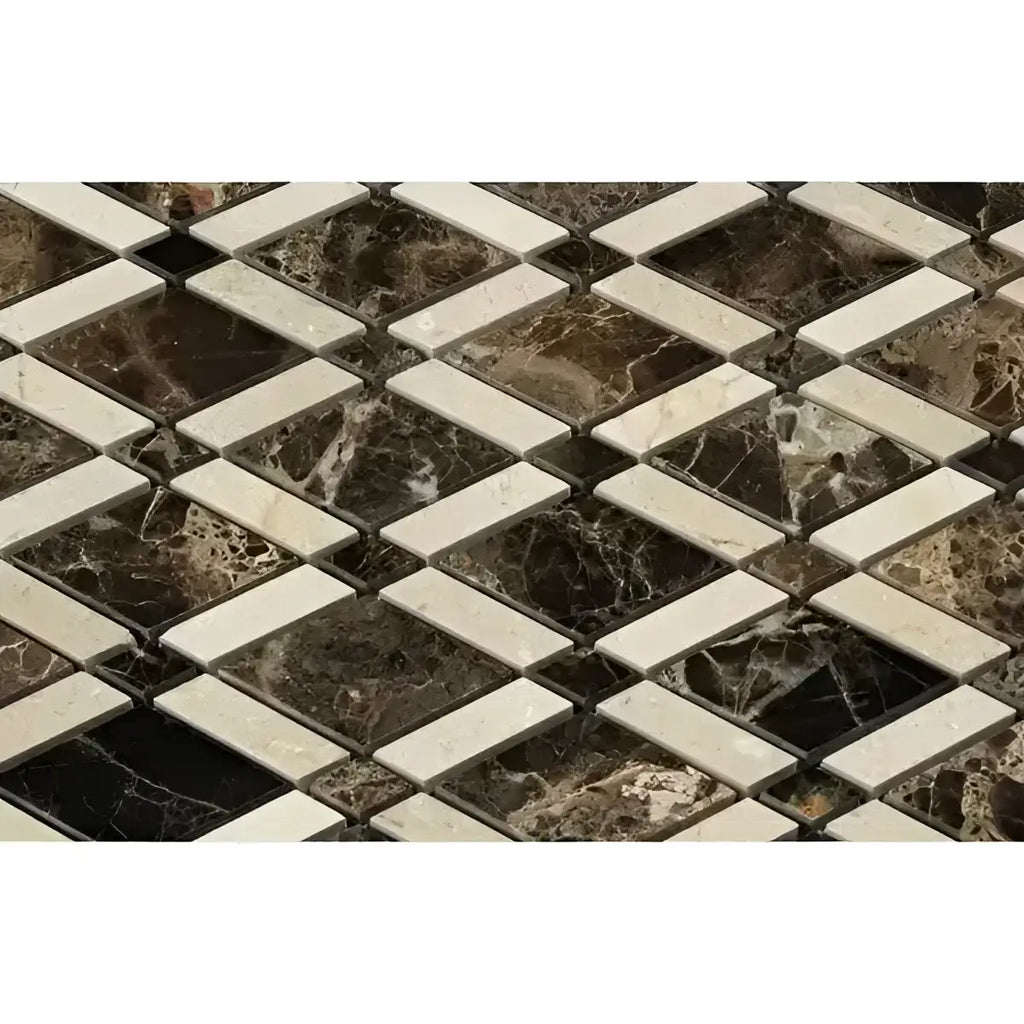 Diamond-patterned Emperador Dark Marble Lattice Mosaic Polished tile in rich tones