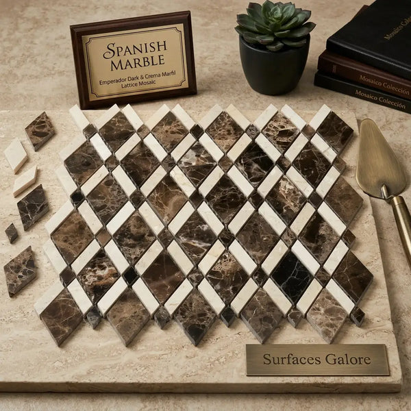 Spanish marble mosaic tile featuring a polished lattice pattern of Emperador Dark and Crema Marfil stones