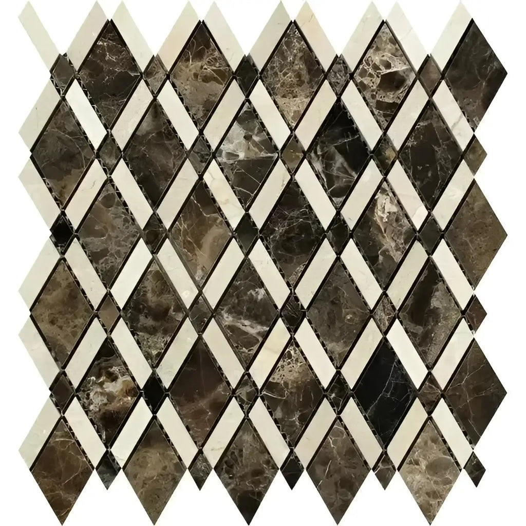 Diamond-patterned marble tile mosaic in Emperador Dark Marble Lattice Polished design