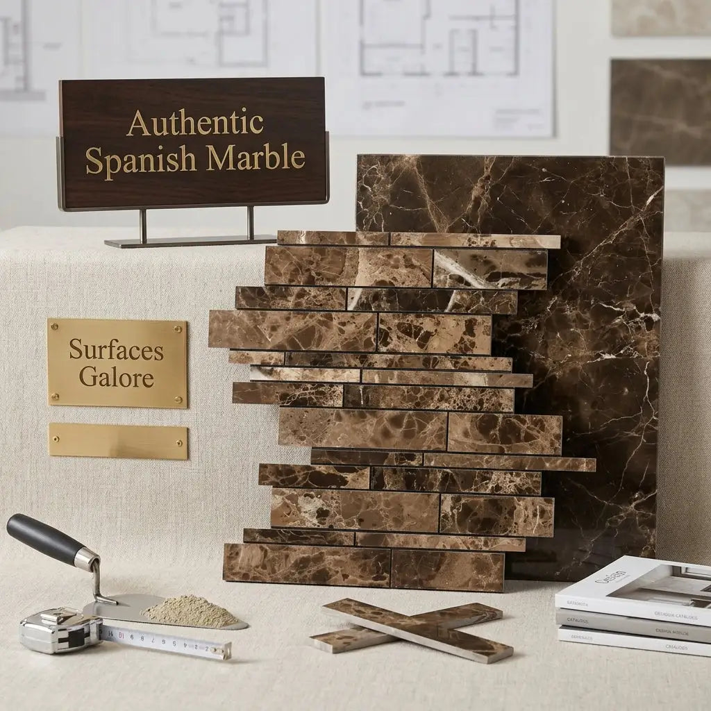 Stacked brown spanish emperador dark marble manhattan random strip mosaic polished tiles with natural veining and rustic layout