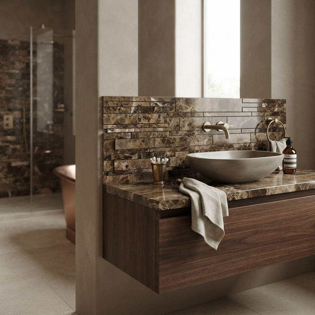 Gray stone vessel sink with matte finish and smooth rounded edges paired with emperador dark marble manhattan mosaic polish