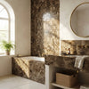 Brown marble bathroom vanity with integrated sink and gold-toned fixtures featuring emperador dark marble mini-versailles pattern mosaic polished