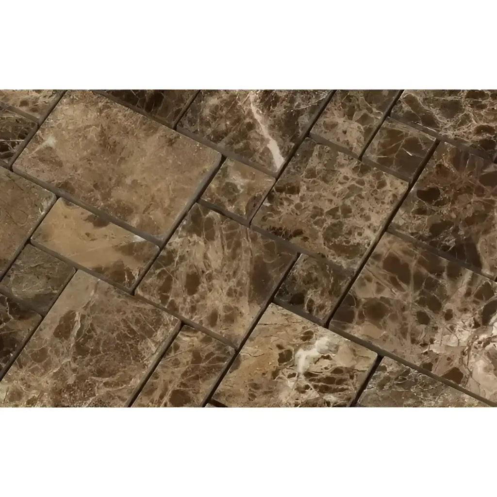 Brown marble herringbone tile pattern in Emperador Dark Marble Mini-Versailles Mosaic