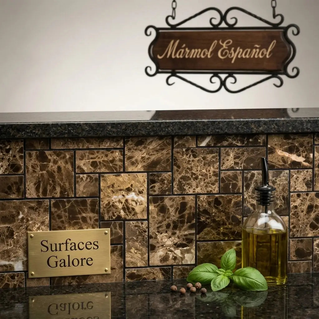 A clear glass bottle with black pour spout filled with golden olive oil alongside emperador dark marble mini versailles pattern mosaic polished tile